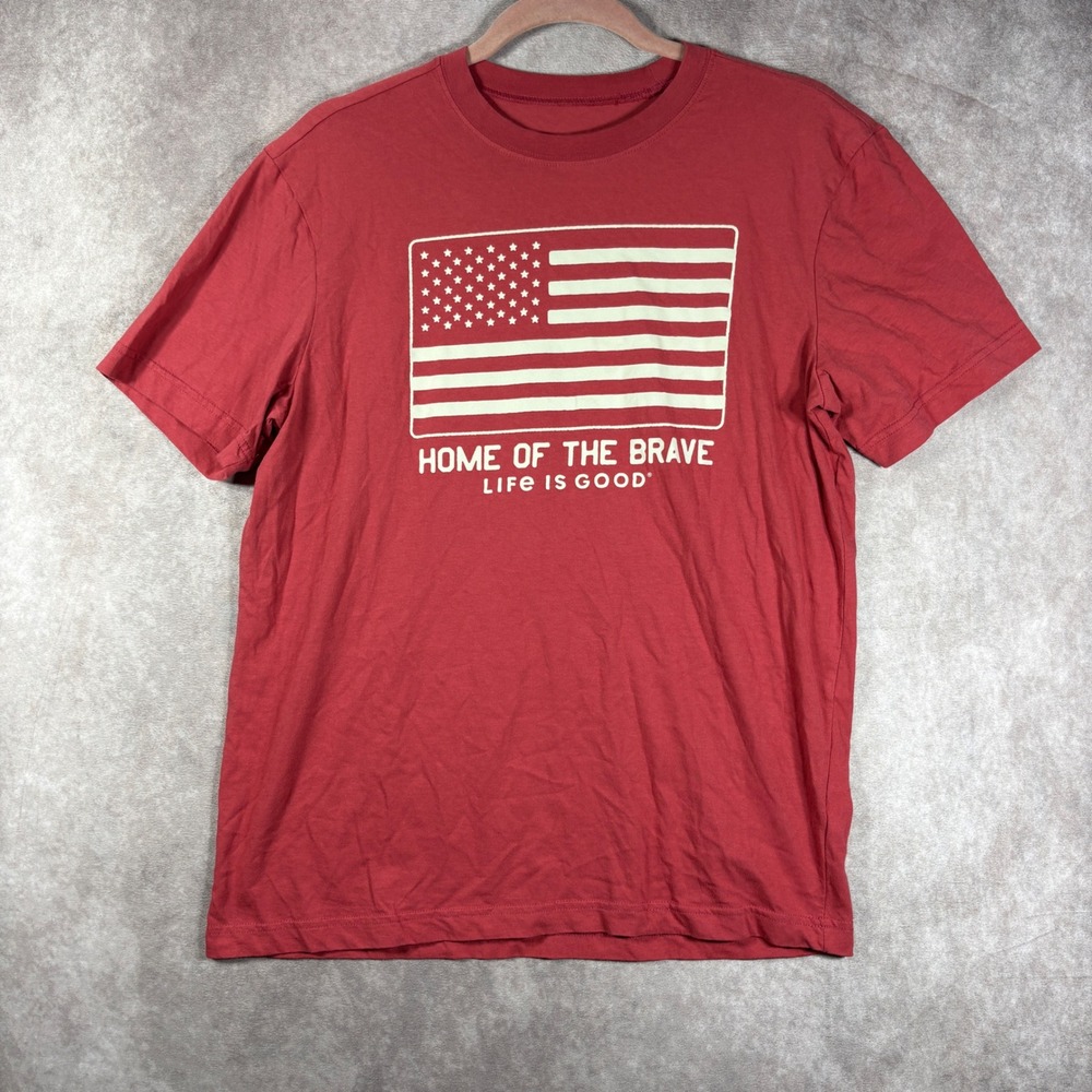 Life is Good T-Shirt Mens Medium Red Home of the Brave American Flag Graphic Tee